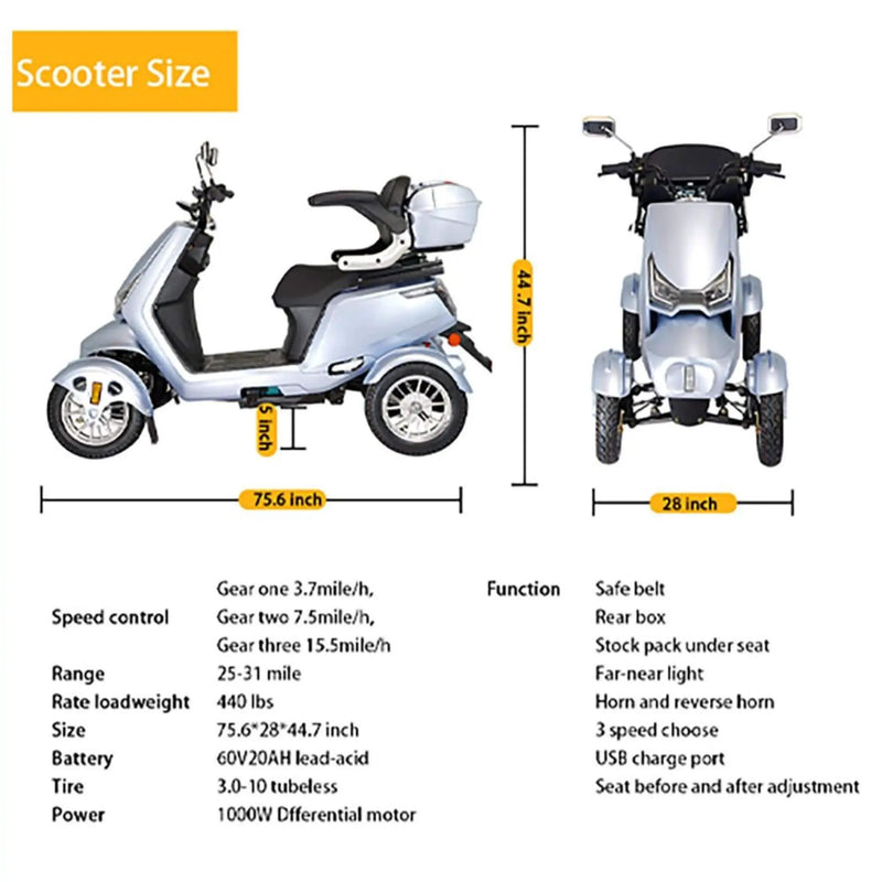 Zvg Heavy-Duty 1000W 60V/20AH 330LBS Four-Wheel All-Terrain Travel Mobility Scooter [SN-4L] (SAK97245) by SAKSBY WHOLESALE