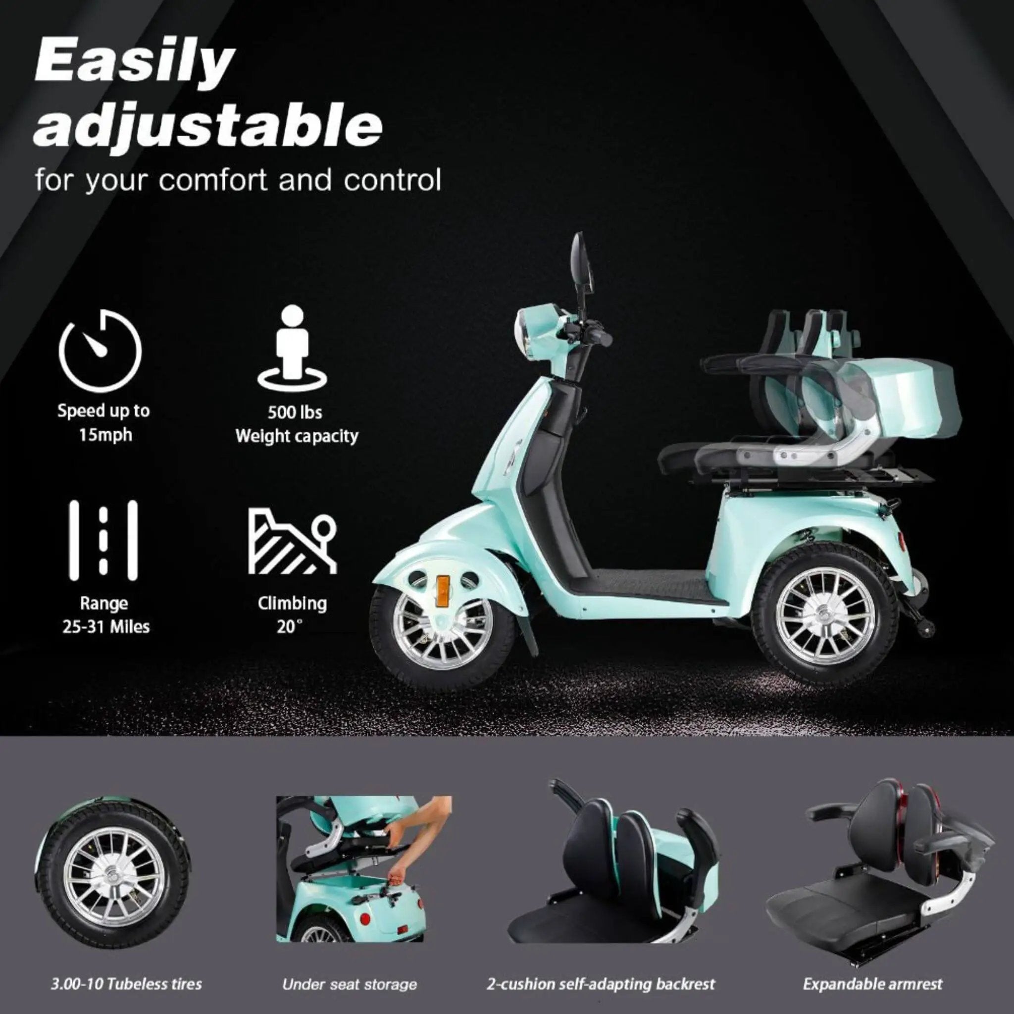 Zvg Heavy-Duty 800W 60V20AH Four Wheel All-Terrain Travel Mobility Scooter For Adults And Seniors, 500LBS (SAK97156) by SAKSBY WHOLESALE