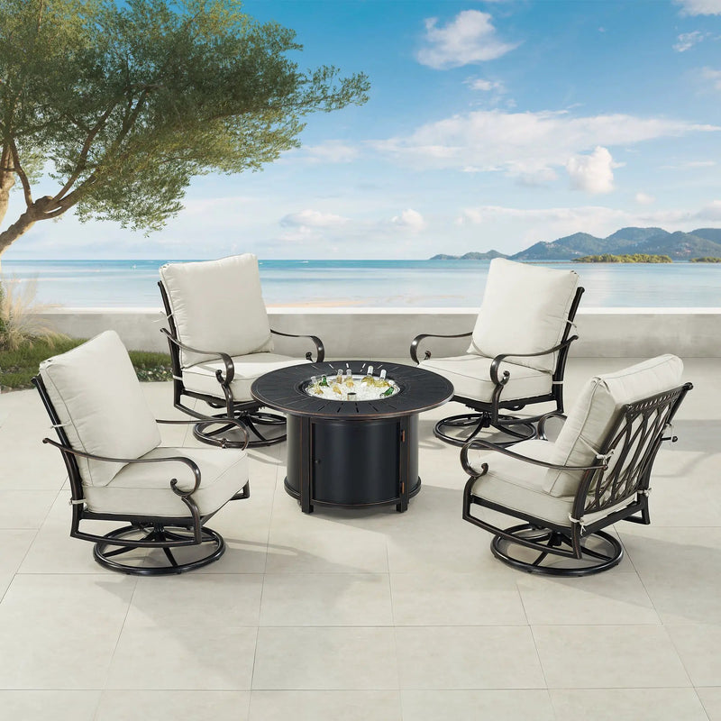 Black Aluminum Fire Table Set with Four Club Chairs by Sharicks