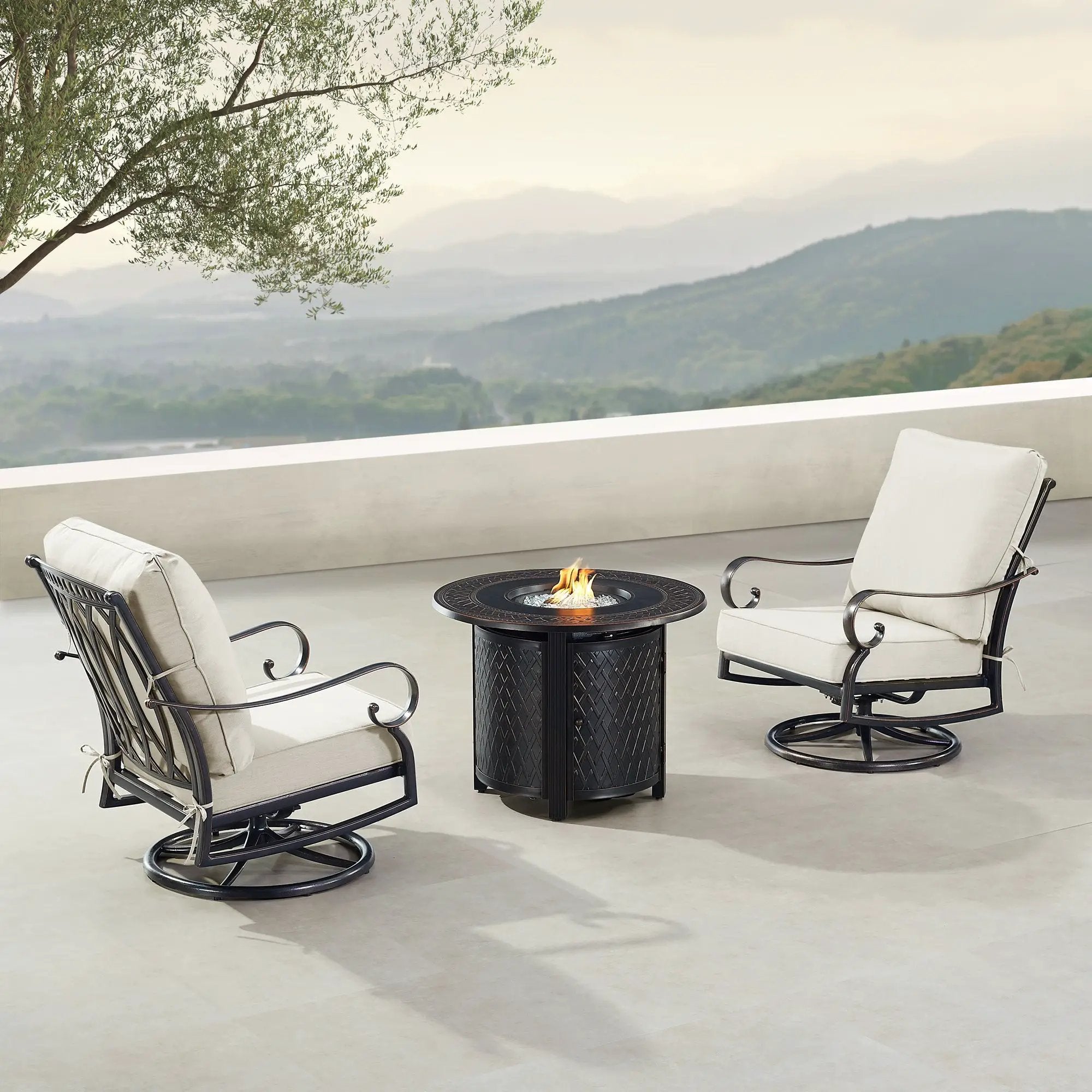 Black Aluminum Fire Table Bistro Set with Two Club Chairs by Sharicks
