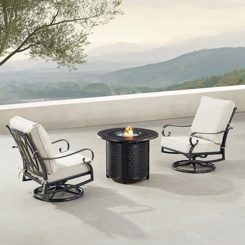 Black Aluminum Fire Table Bistro Set with Two Club Chairs by Sharicks