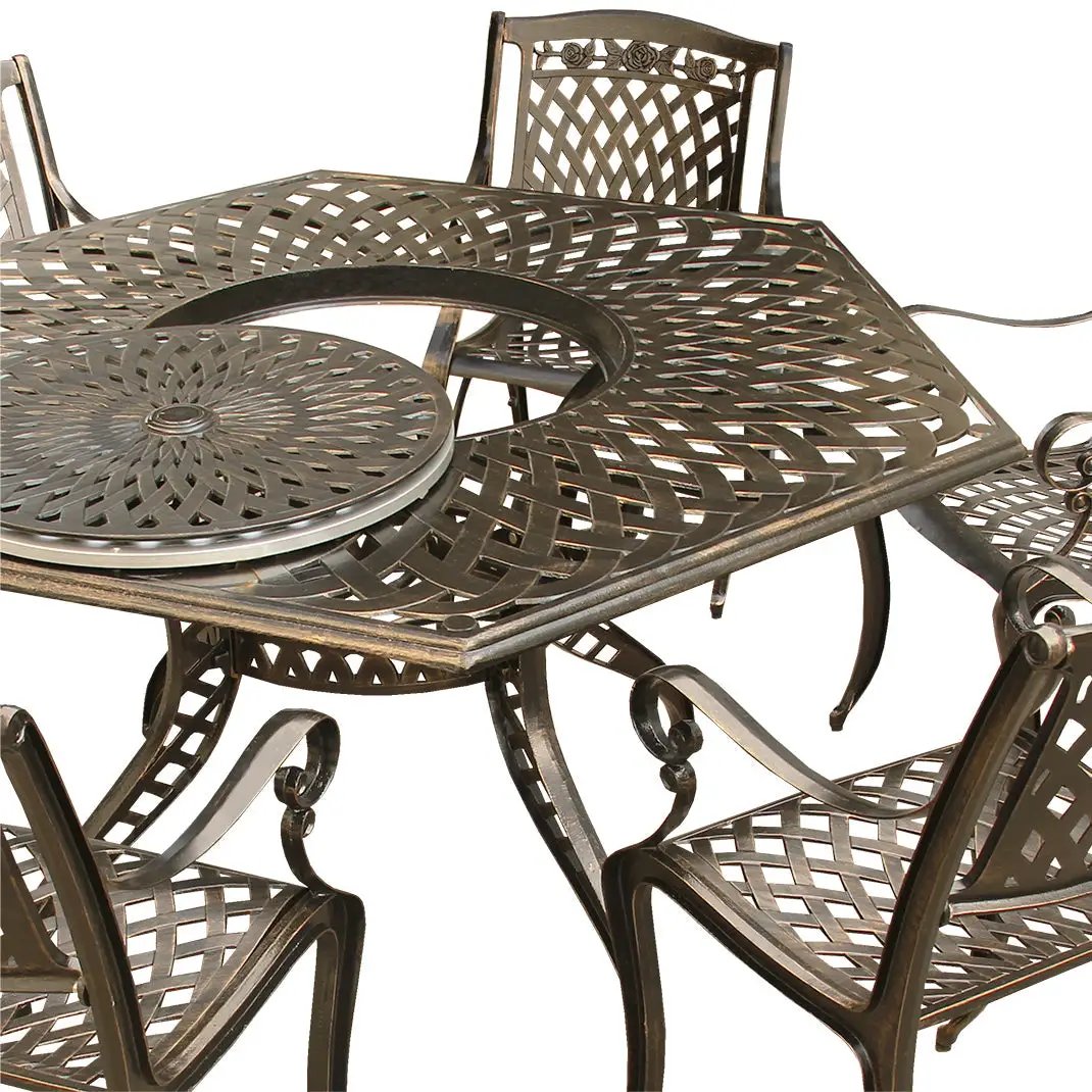 Aluminum 7pc Hexagon Rose Patio Dining Set, Lazy Susan, Six Chairs by Sharicks