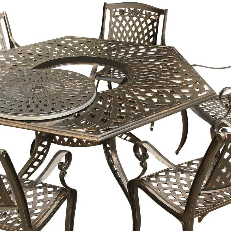 Aluminum 7pc Hexagon Rose Patio Dining Set, Lazy Susan, Six Chairs by Sharicks
