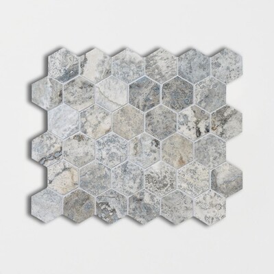 Silver Travertine Honed Filled Hexagon Travertine Mosaic 10 3/8×12