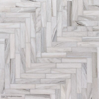 Silver Sky Polished Large Herringbone Marble Mosaic 12 7/8×9 11/32