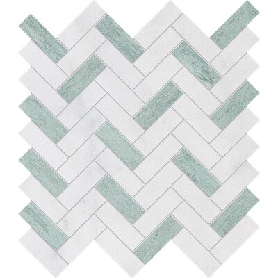 Verde, Calacatta T Fine Textured Herringbone Marble Mosaic 12 1/8×13 3/8