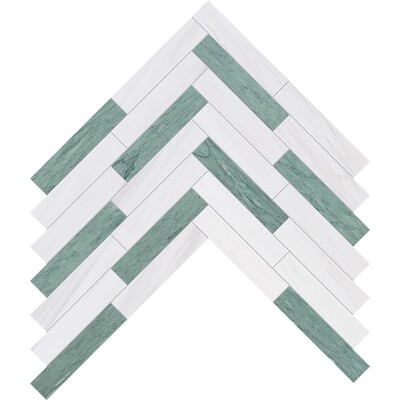 Verde, Bianco Dolomiti Honed Large Herringbone Marble Mosaic 12 7/8×8 9/16