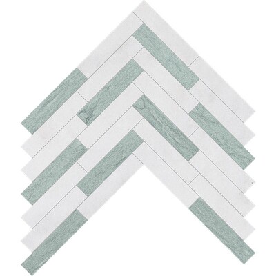 Verde, Calacata T Fine Textured Large Herringbone Marble Mosaic 12 7/8×8 9/16