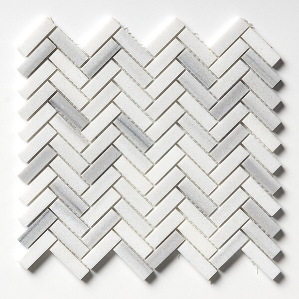 Mink White Honed Herringbone 5/8×2 Marble Mosaic 12 1/8×13 3/8