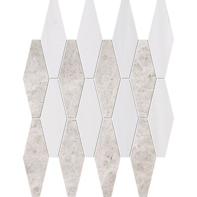 Silver Mystique, Bianco Dolomiti Multi Finish Rhomboid Blend Marble Mosaic 11×14 15/16