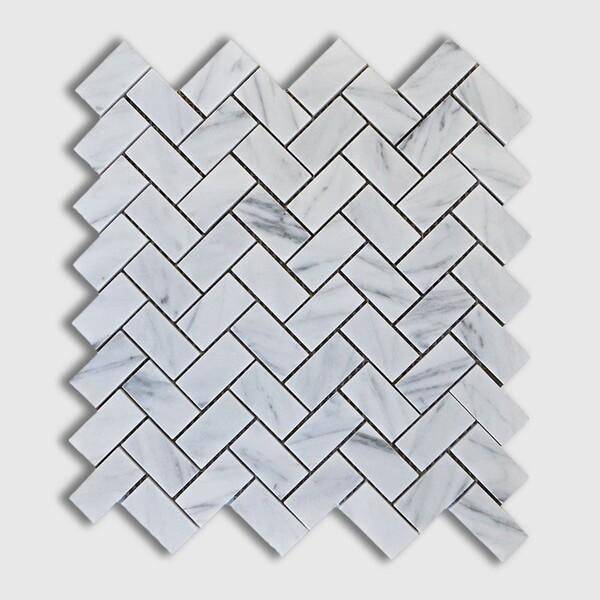 Italian Carrara Polished Herringbone Marble Mosaic 12 1/8×13 3/8