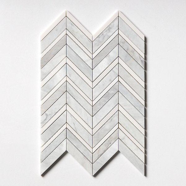 Carrara T, Alpina White Multi Finish Chevron Fusion Waterjet Marble Mosaic 16×11 7/8