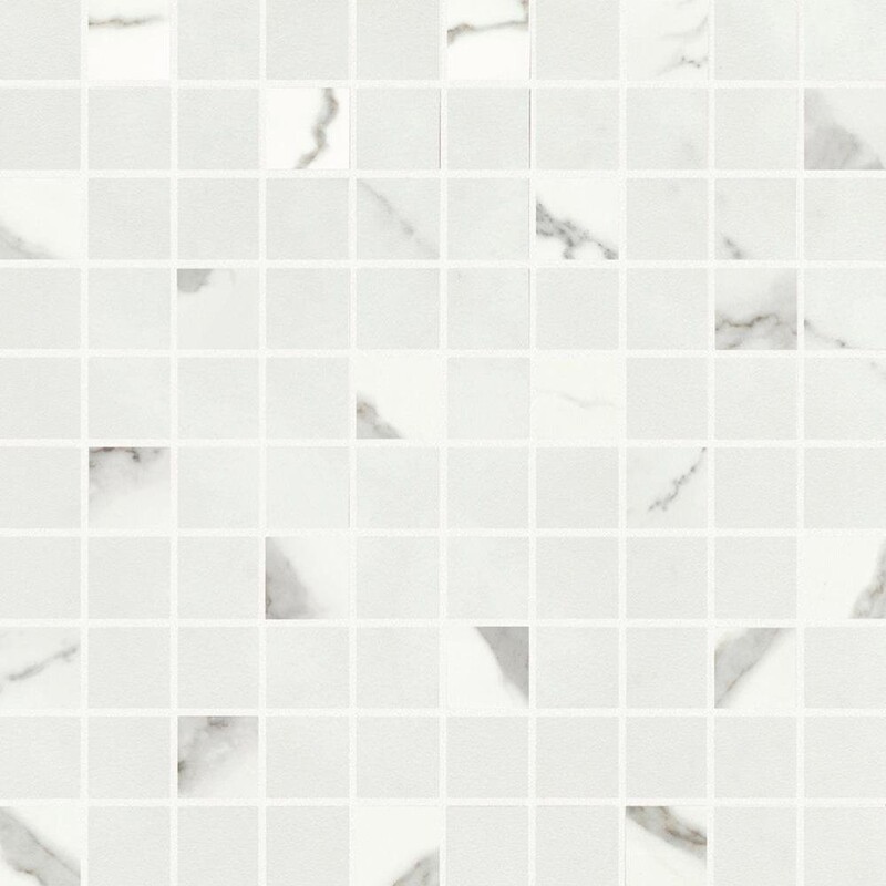 Calacatta Bright Polished 1×1 Marble Look Porcelain Mosaic 12×12