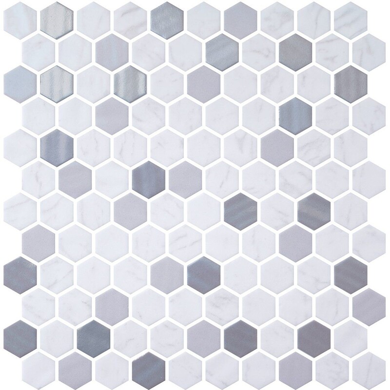 Metal, Carrara Polished Hexagon Glass Mosaic 11 3/4×11 1/2