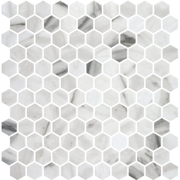 Calacata Honed Hexagon Glass Mosaic 11 3/4×11 1/2