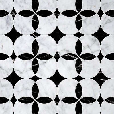 White Carrara, Black Multi Finish Constantine Marble Mosaic 13 5/8×13 5/8