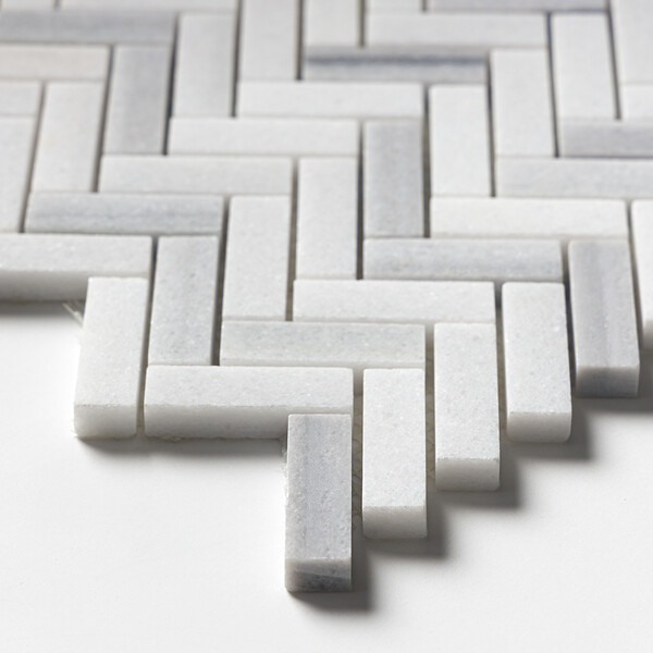 Mink White Honed Herringbone 5/8×2 Marble Mosaic 12 1/8×13 3/8