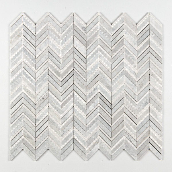 Carrara T, Alpina White Multi Finish Chevron Fusion Waterjet Marble Mosaic 16×11 7/8