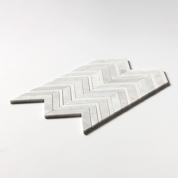 Carrara T, Alpina White Multi Finish Chevron Fusion Waterjet Marble Mosaic 16×11 7/8