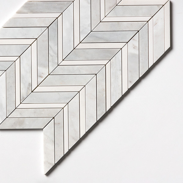 Carrara T, Alpina White Multi Finish Chevron Fusion Waterjet Marble Mosaic 16×11 7/8