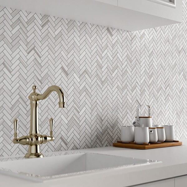 Mink White Honed Herringbone 5/8×2 Marble Mosaic 12 1/8×13 3/8