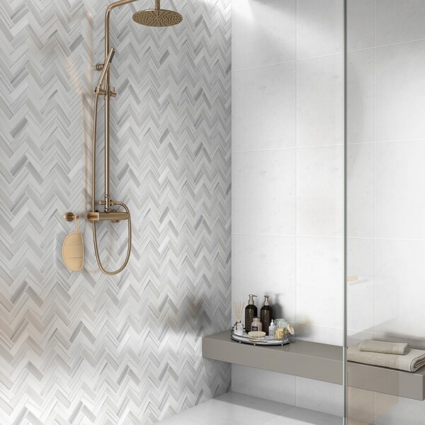 Mink White Honed Herringbone 5/8×2 Marble Mosaic 12 1/8×13 3/8